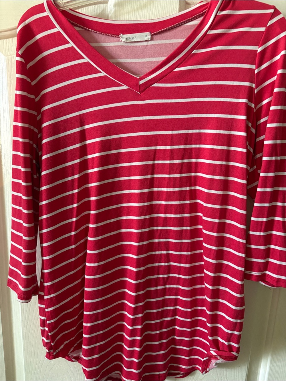 Striped V-Neck Long Sleeve Tee in Pink and White
